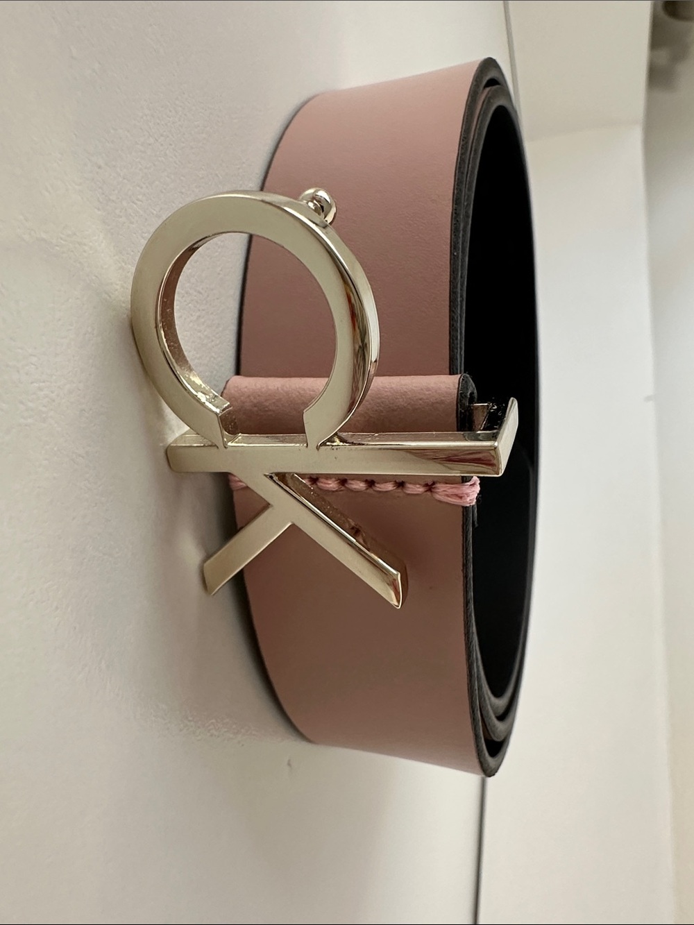 Calvin Klein Blush Pink Leather Belt with Silver Logo Buckle